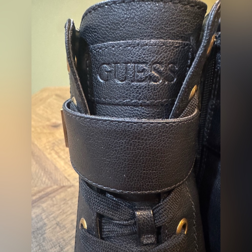 GUESS Caleena Lace Up Combat Boots With Gold Jeweled Guess Accent Strap NWOT - Picture 13 of 14